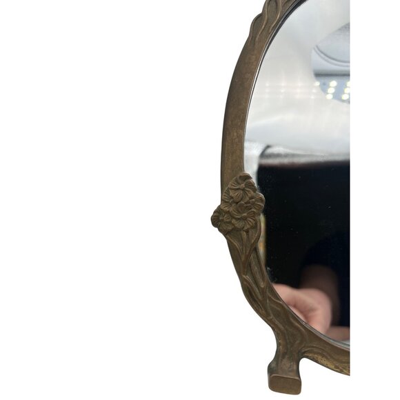 Vintage Art Nouveau Free Standing Brass Vanity Mirror Woman Floral Design 10.5"H - Picture 9 of 9